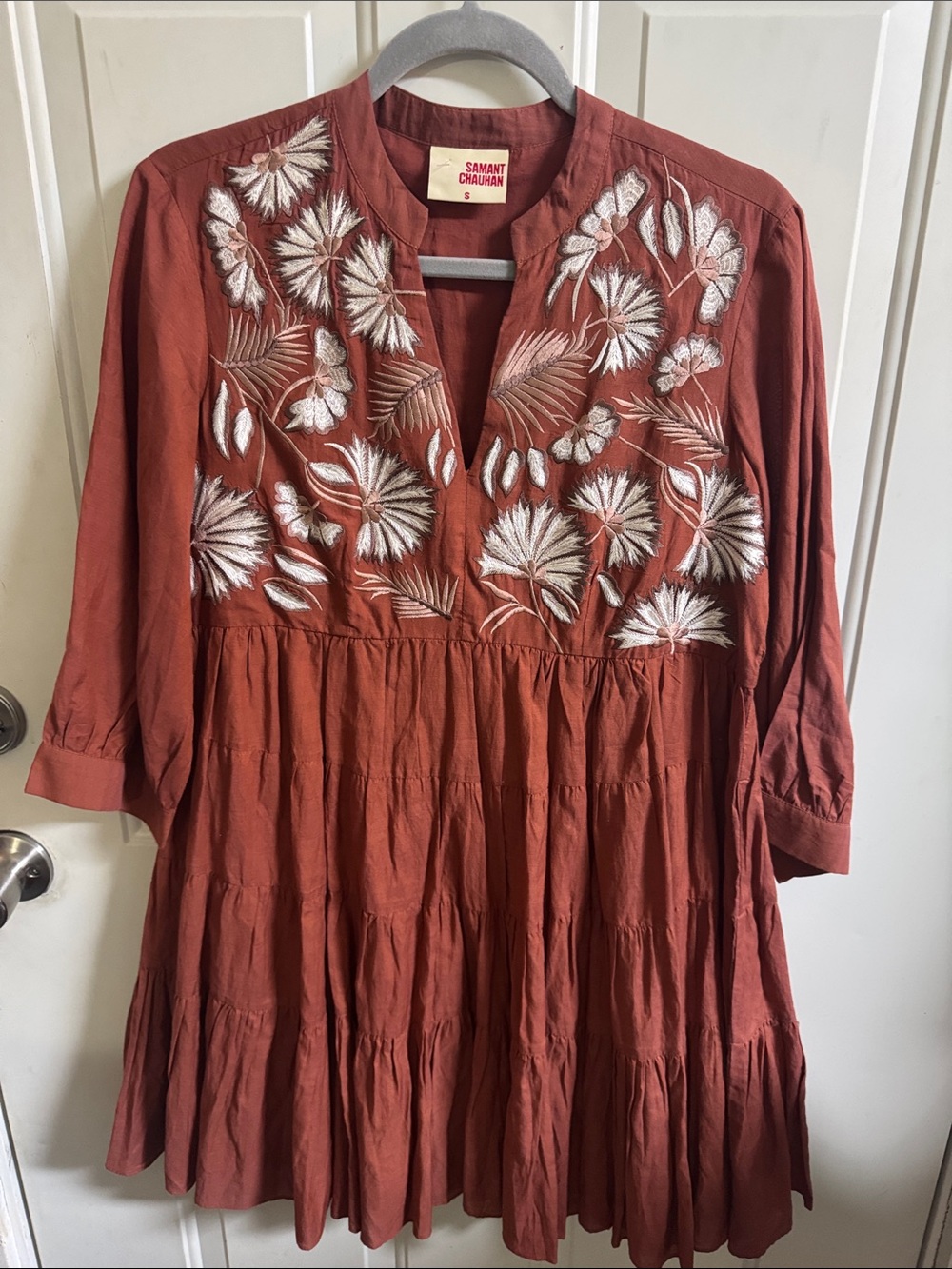 Anthropologie samant chauhan Embroidered Rust Tiered Tunic Dress